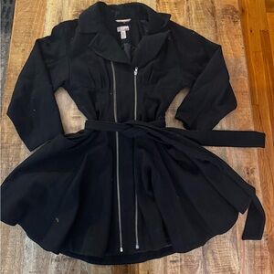 H&M Black Long Sleeve wool blend pea coat A line flare Dress style with Belt